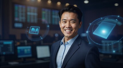 Confident businessman smiling in a modern office with tech displays  