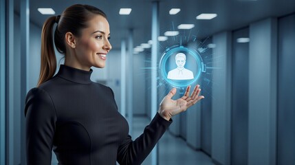 Young woman interacting with virtual user interface in modern office  