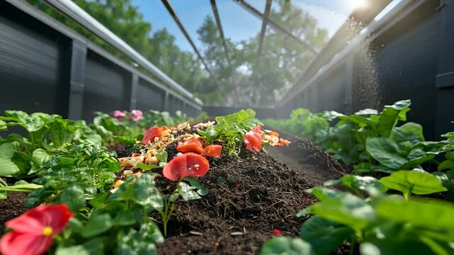 Close-up view of a raised garden bed with vibrant green plants and red flowers under a transparent roof. Artificial rain watering the plants in a sunny day.