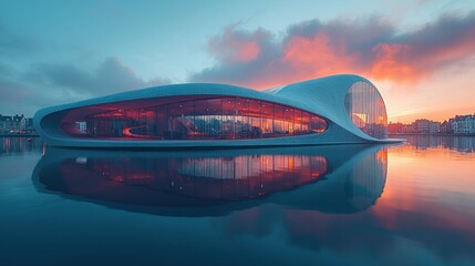 Obraz premium Modern architectural structure, floating restaurant, calm water reflection, vibrant sunset