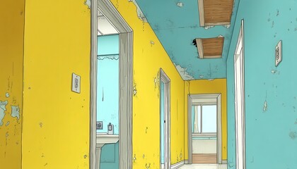 Couloir en rénovation, murs jaunes et bleus