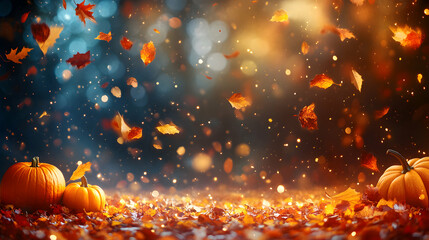 Magical autumn scene with pumpkins and falling leaves, perfect for Thanksgiving or fall-themed designs.