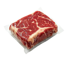 Fresh Vacuum Sealed Red Meat with Transparent Packaging on White Background