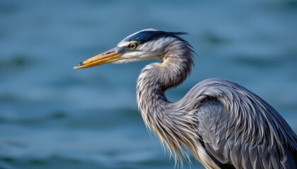 Graceful Heron with Water Droplets on Feathers Standing Beside a Tranquil Body of Water