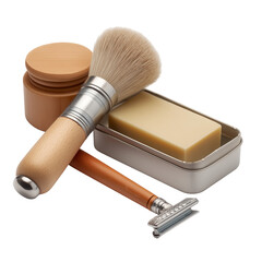 Classic shaving set with brush, razor, soap and tin box, isolated on white background
