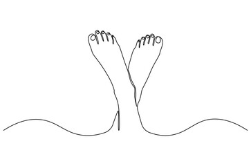 Continuous one line drawing of Female feet with pedicure. Single line drawing illustration of Woman legs of skincare for beauty. Health and wellness concept vector art. Doodle line illustration.