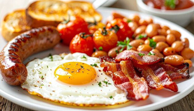 Close-up of a traditional English big breakfast served on a white ceramic plate, featuring eggs, sausages, baked beans, grilled tomato, hash browns, mushrooms, and toast, studio lighting, overhead ang