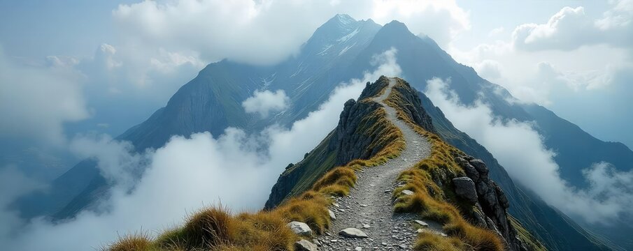 A challenging mountain pass shrouded in mist, with a rocky, winding trail leading to a distant peak The rugged terrain and dramatic clouds create a sense of adventure and awe , wilderness, outdoors