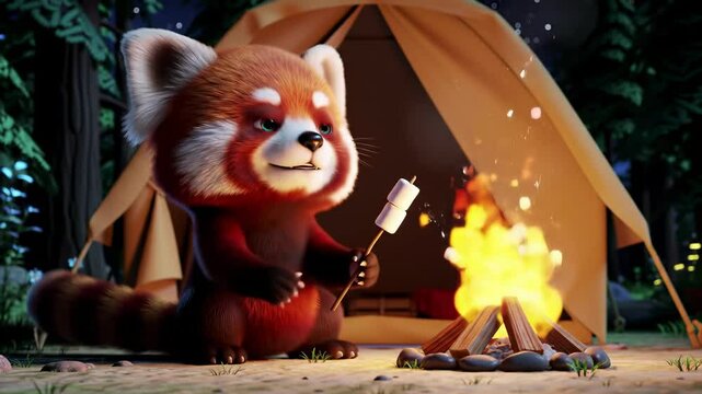A cute red panda roasting marshmallows over a campfire in a serene forest campsite at night