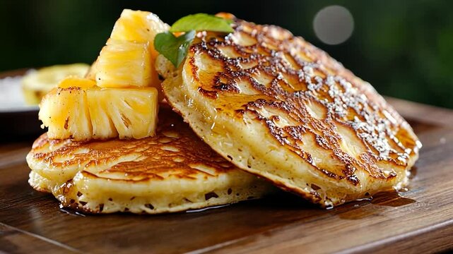 Close-up shot of golden pancakes drizzled with syrup and topped with fresh pineapple chunks arranged on a wooden board with vibrant green background