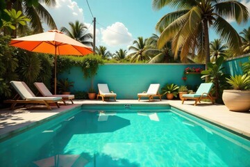 A sun-drenched vintage pool scene, complete with faded turquoise tiles, classic pool furniture, and lush greenery Perfect for summer vibes, retro aesthetics, and travel imagery , nostalgic, serene