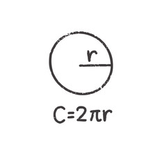Circumference of circle formula with radius hand-drawn math vector illustration