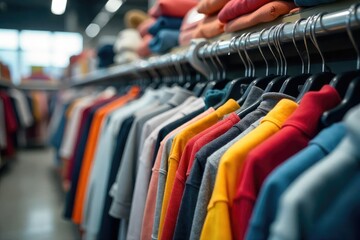 Fototapeta premium Close-up of a clearance rack overflowing with discounted clothing items , off, price
