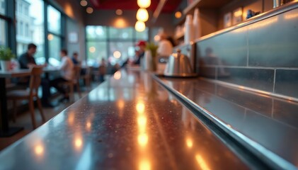 Close-up of gleaming stainless steel diner counter, reflecting light Modern, clean, chrome details visible , detail, industry, geometric