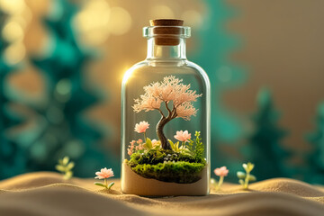 a glass bottle with a tree in it