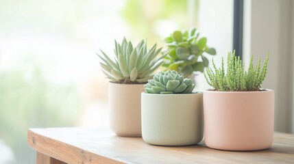 Succulent plants in decorative pots on a wooden table near a bright window in a cozy indoor setting