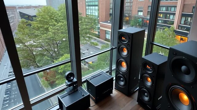 View from a modern room featuring black audio speakers and a cityscape outside the window showcasing urban architecture and lush green trees