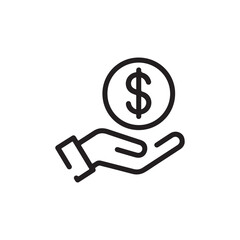 Save Money Icon – Hand Holding Dollar, Salary and Investment Finance Line Symbol on White Background