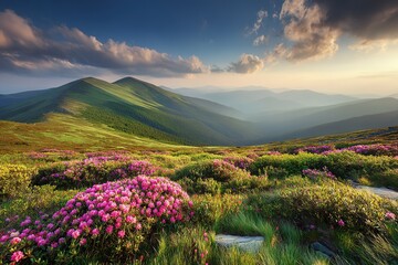 Pink Flowers Blooming On Mountainside Sunset Landscape