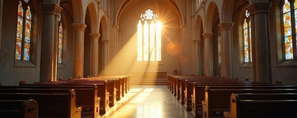 Serene church interior bathed in sunlight, highlighting the quiet sanctity of prayer Perfect for themes of peace, faith, spirituality, and worship , reflection, light, quiet