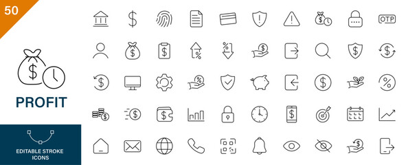 Profit icon. Containing growth, banking finance, investment time, wallet, financial security, calendar, money bag. Editable stroke icon set.