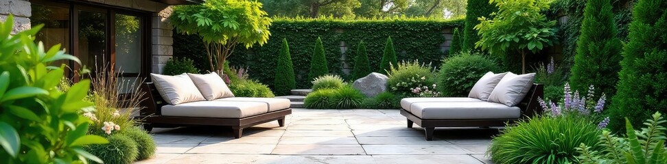 Serene patio landscape design featuring lush greenery, elegant stone paving, and comfortable seating Perfect for relaxation and outdoor entertaining Enjoy the tranquil ambiance , trees, outdoor space