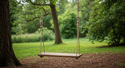 Wooden swing hanging from a tree in a green park landscape