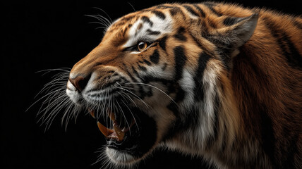 Fototapeta premium A majestic striped bengal tiger portrait captures the wild beauty of this feline predator in the zoo | black background