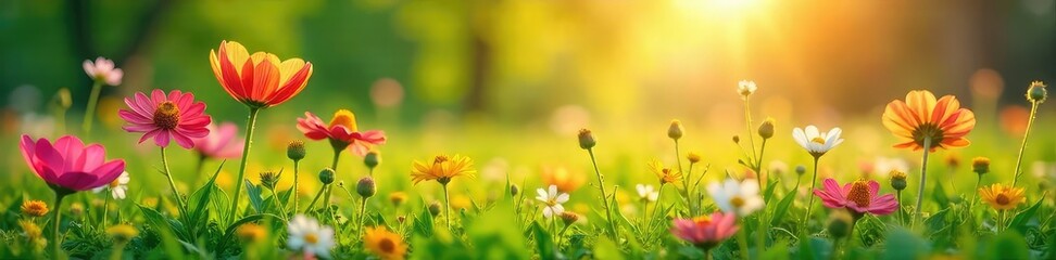 Vibrant wildflowers bursting into bloom in a lush green meadow under the warm spring sun Perfect for springtime themes, nature imagery, and seasonal advertising , outdoor, environment