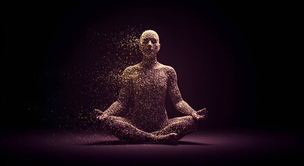 A meditating figure constructed of glowing particles in a calm, dark and elegant background.