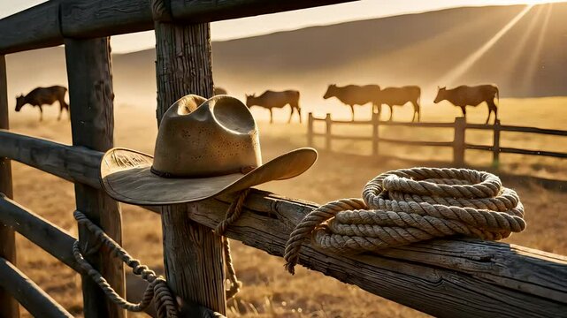 Cowboy hat and rope hanging on wooden fence with grazing cattle in background at golden sunset