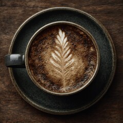 Latte art in cup on rustic wooden table