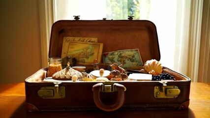 Open vintage suitcase filled with maps, seashells, miniatures, and keepsakes displayed on a wood table in a bright room.