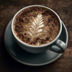 Cappuccino with latte art in a ceramic mug