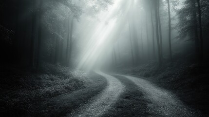 Mystical Forest Path: A Sunbeam Illuminates a Foggy Road