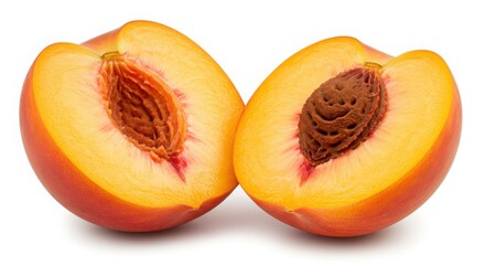 Halved nectarine fruit showing the pit and juicy flesh