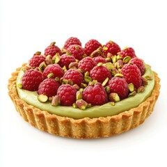 A different delicious raspberry and pistachio fruit tart with a light pistachio cream base 