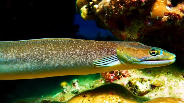 Underwater view of sand tilefish swimming near coral reef in an ocean cave, vibrant blue and green colors, marine life, wildlife
