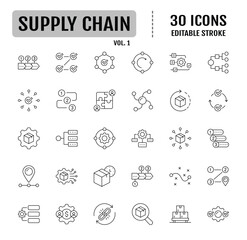 Set of 30 Supply chain line icons. Containing supply chain, value chain, logistic, delivery, manufacturing, commerce and more. Vector illustration. Editable stroke