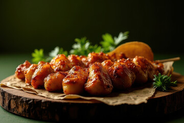 Tempting Chicken Satay on Olive Green Background: Clean Food Photography with Softbox Radiance