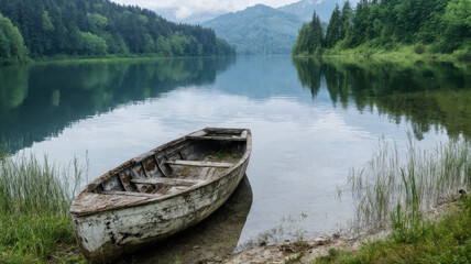 Obraz premium An abandoned rowbow on a placid lake surround by trees and mountains. A tranquil landscape.