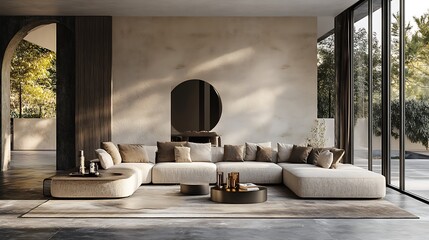 Modern luxury living room with designer sofa with large windows and natural light.
