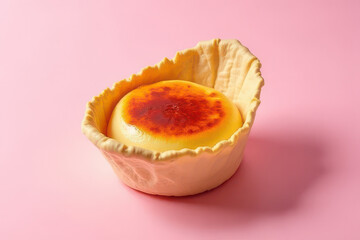Tempting Crème Brûlée: Botanical Brunch Corner Food Photography with Soft Pink Background and Studio Glow Radiance
