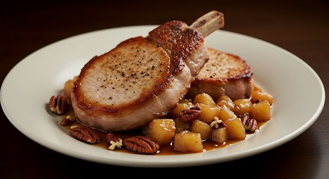 Sous vide pork chops with apple compote, juicy and pink. Perfect sear, gourmet plating, autumn flavors. - Powered by Adobe