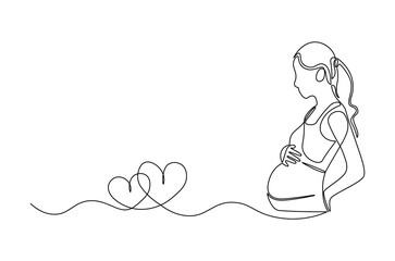 Continuous one line drawing of Woman pregnant. Single line drawing illustration of Beautiful pregnant woman hugging her tummy. Happy Pregnancy concept vector art. Doodle line illustration.