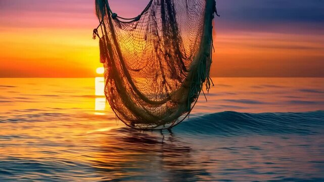 Nautical fishing net dangles over the ocean, vibrant sunset reflecting in the water, creating a tranquil and picturesque seascape scene
