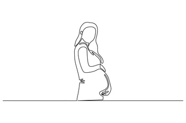Continuous one line drawing of Woman pregnant. Single line drawing illustration of Beautiful pregnant woman hugging her tummy. Happy Pregnancy concept vector art. Doodle line illustration.