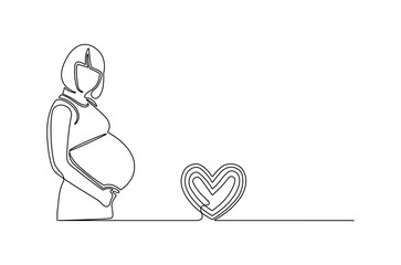 Continuous one line drawing of Woman pregnant. Single line drawing illustration of Beautiful pregnant woman hugging her tummy. Happy Pregnancy concept vector art. Doodle line illustration.