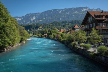 Obraz premium Swiss River Winding Through Alpine Village