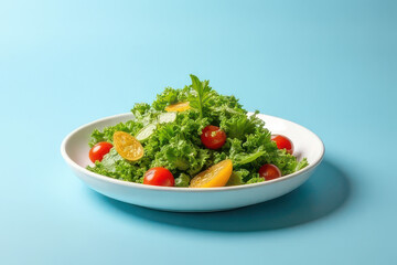 Stunning Caesar Salad Food Photography: Minimalist White Plate, Dusty Blue Background, Split Lighting, High Resolution
